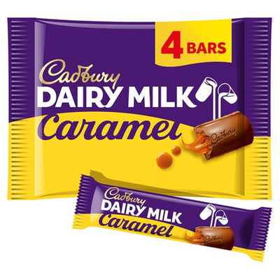 Enjoy a Cadbury Dairy Milk Caramel Bar 4 Pack (148g) featuring four creamy milk chocolate bars oozing with caramel, from the trusted brand Cadbury.