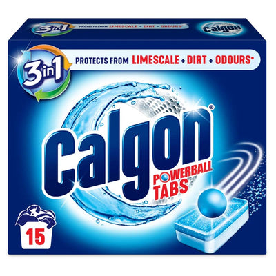 The Calgon 3-in-1 Washing Machine Water Softener, 15 tablets per pack, offers limescale prevention and machine protection for a powerful clean.