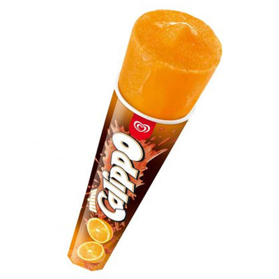 The Calippo - Orange Ice Lolly- 105ml comes in branded packaging with vibrant orange slice images, highlighting Calippo’s refreshing and bold orange flavor.