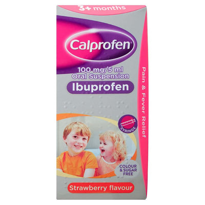 Calprofen Oral Suspension Ibuprofen Strawberry Flavour 3+ Months, 100ml—provides pain and fever relief for children. Sugar and colour free, 100mg/5ml formula. Dosing syringe included.