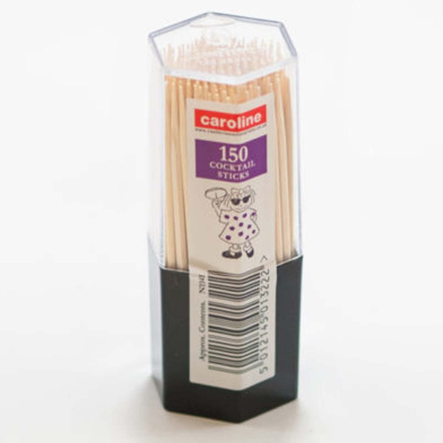 A clear plastic container holds 150 Caroline cocktail sticks, featuring a purple label with the "Caroline" brand name, a cartoon figure, and a barcode at the bottom.