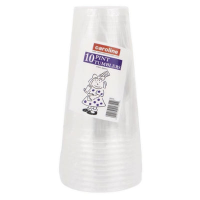 A stack of clear plastic pint tumblers labeled "Caroline - Disposable Pint Tumblers - 10 Pack" by Caroline, featuring a cartoon girl holding a cup.