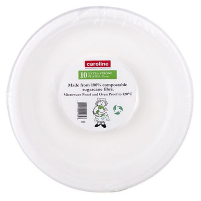 Caroline - Extra Strong Plates 23cm (10 Pack): Compostable white sugarcane fiber plates, microwave and oven safe up to 120°C. Eco-friendly and perfect for any occasion.