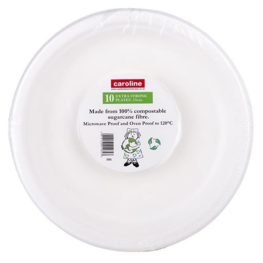 Caroline - Extra Strong Plates 23cm (10 Pack): Compostable white sugarcane fiber plates, microwave and oven safe up to 120°C. Eco-friendly and perfect for any occasion.