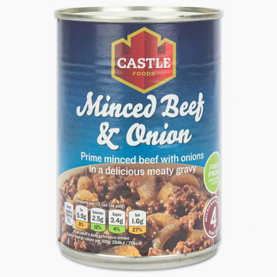 A 385g can of Castle Minced Beef & Onion by Castle, featuring the product label and nutritional info on the front—ideal as a convenient ready meal.