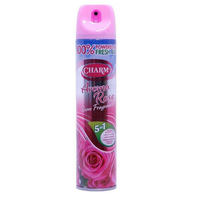 A 240ml can of Charm - 5 In 1 Aroma Rose Air Freshener features pink packaging with rose images and highlights its multi-benefit formula.