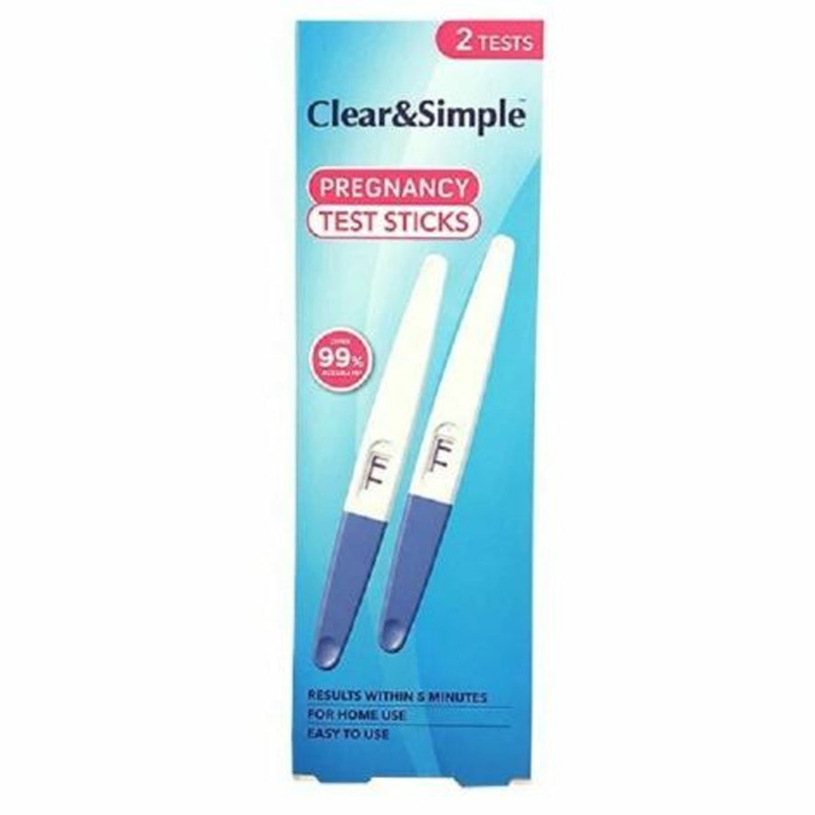 Box of Clear & Simple - Pregnancy Test Strips Early 5 Minutes Urine Self Testing (2 Tests) showing two test strips, product name, "2 Tests" label, and a 99% accuracy claim.