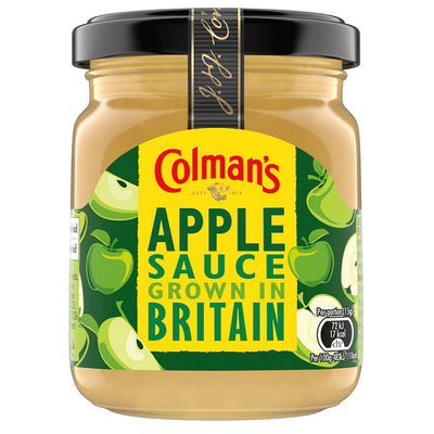 Colmans - Apple Sauce - 155g by Continental Food Store features a green and yellow label, showcases green apples, and is made with British Bramley apples—perfect for pairing with your favorite dishes.