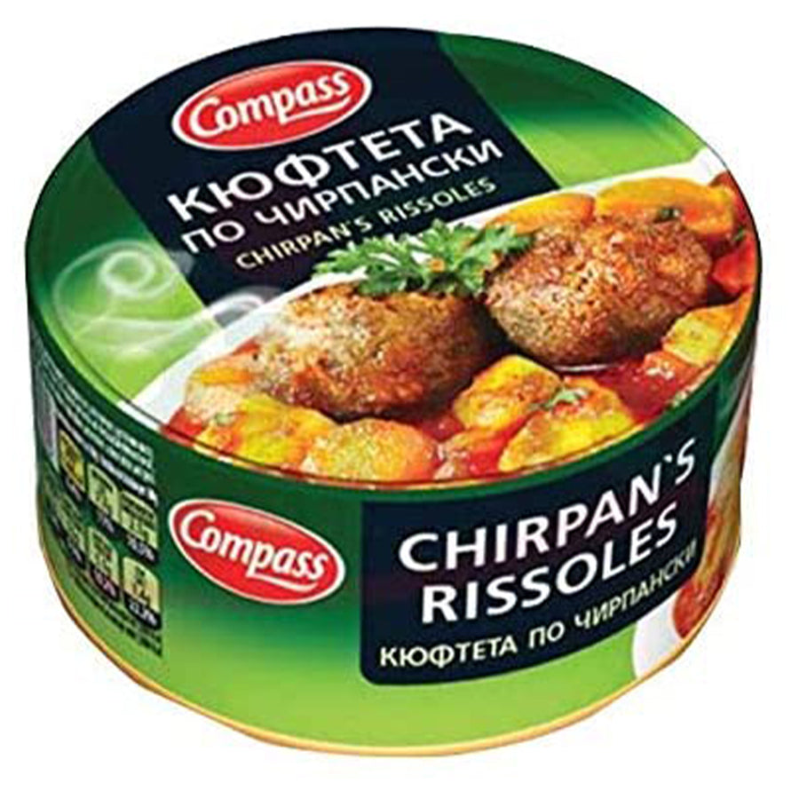 A 300g can of Compass Chirpans Rissoles, featuring savoury rissoles in sauce with vegetables, from Compass.
