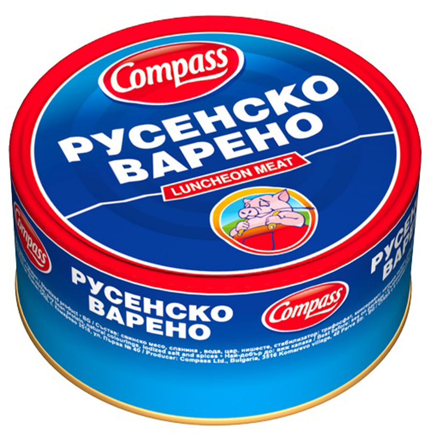 Compass - Luncheon Meat - 300g: This blue can from Compass features a pig and a meat slice illustration on its Bulgarian label—perfect for a savory snack.