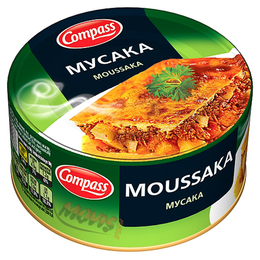 A tin of Compass Mousakka, 300g.