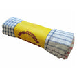 The Royal Markets Cotton Tea Towels 3 Pack by Continental Food Store features blue and white checkered, absorbent cotton towels wrapped in a yellow "100% Cotton Tea Towels" label—perfect for everyday kitchen use.
