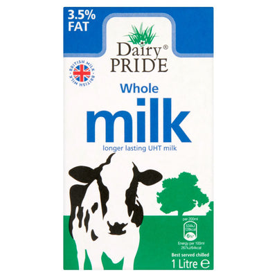 A 1L carton of Dairy Pride Long Life UHT Whole Milk (3.5% fat), with a cow illustration, tree silhouette, and British milk badge on a white and green background.