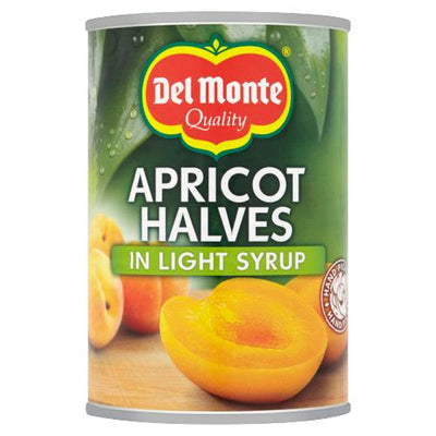 A 420g can of Del Monte Apricot Halves in Light Syrup with the Del Monte logo and pictures of apricots on the label.