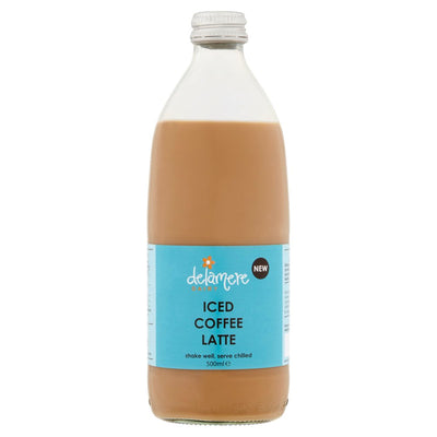 A 500ml clear glass bottle of Delamere Dairy Iced Coffee Latte with a blue label, offering premium, ready-to-drink coffee.