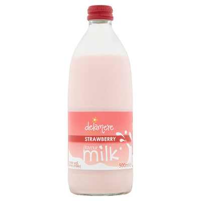 A 500ml bottle of Delamere Dairy Strawberry Flavour Milk, made with semi-skimmed milk and featuring a red cap with a pink label.