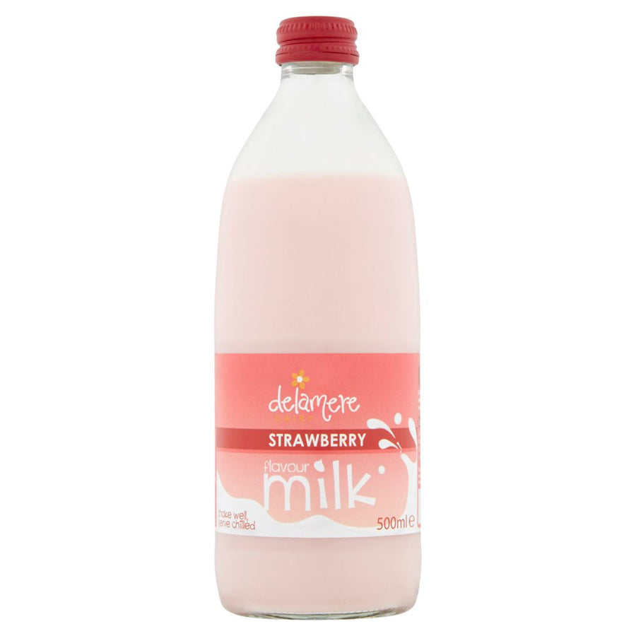 A 500ml bottle of Delamere Dairy Strawberry Flavour Milk, made with semi-skimmed milk and featuring a red cap with a pink label.