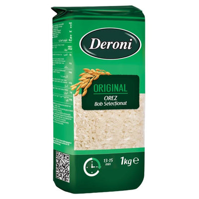 A 1kg pack of Deroni - Original Orez Bob Selectionat features green branding, a rice image, and highlights a 13–15 minute cooking time on the front.