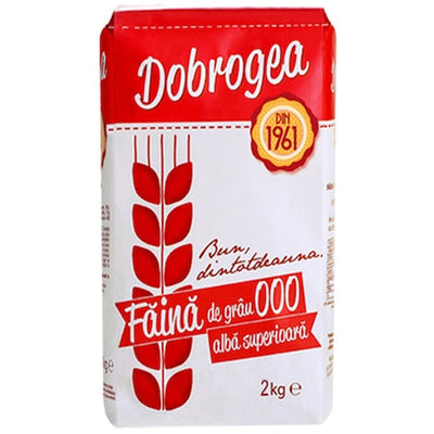 A 2kg Dobrogea - White Flour package from the Dobrogea brand, featuring a red and white design.