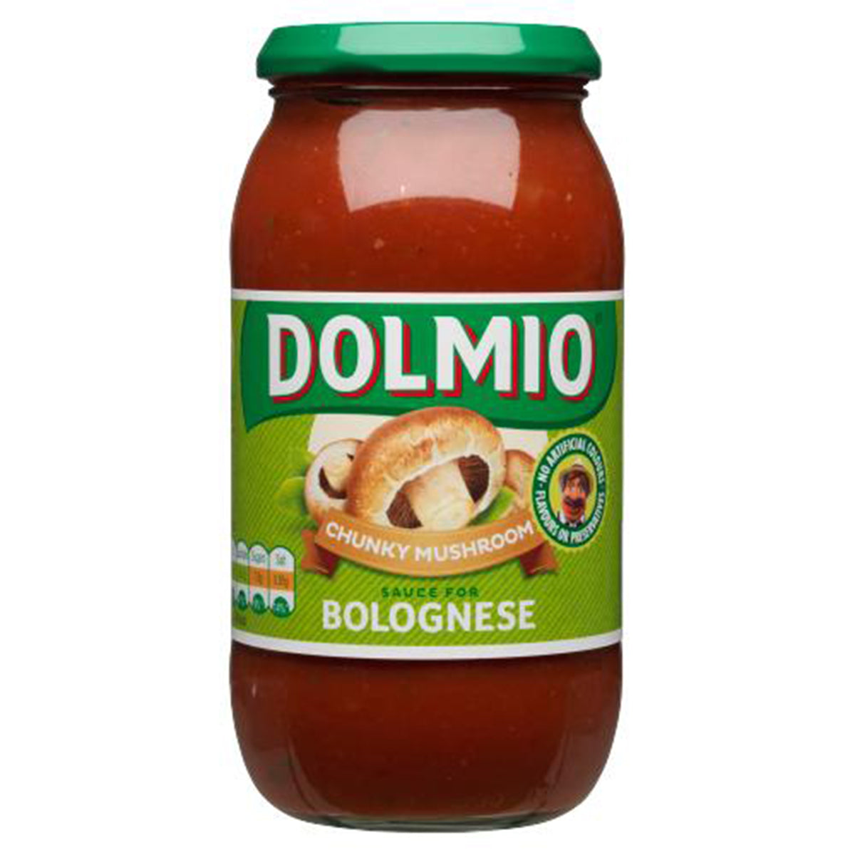 A jar of Dolmio Bolognese Chunky Mushroom Pasta Sauce - 500g on a white background.