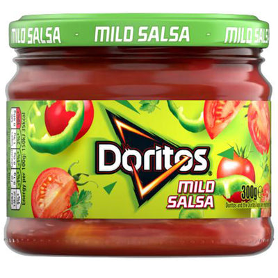 Doritos Mild Salsa Sharing Dip (300g) features a green lid and label with tomatoes and peppers—ideal for dipping your favorite tortilla chips.
