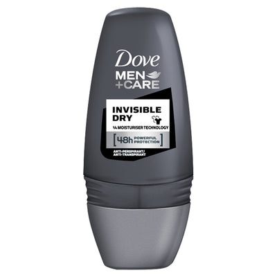 The Dove Men + Care Invisible Dry Antiperspirant Roll-On (50ml) features a sleek black and silver design.