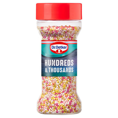 A 65g clear plastic jar with a red lid containing Dr. Oetker Hundreds & Thousands, ideal for adding colorful decorations to cakes.
