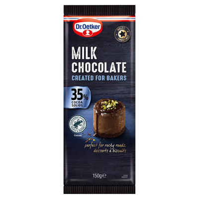 Dr.Oetker Baking Milk Chocolate 100g bar, 35% cocoa solids, comes in packaging with a chocolate dessert topped with nuts. Ideal for enriching your favorite baking recipes.