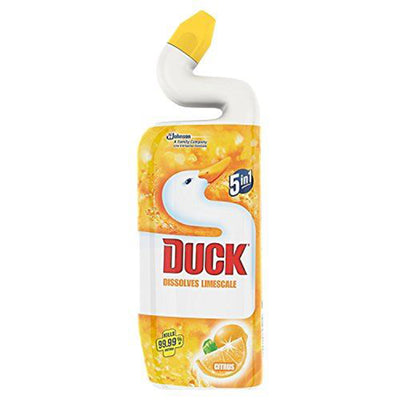 A 750ml bottle of Duck - Dissolve Limescale 5in1 toilet cleaner with a duck-neck design, labeled "Citrus" scent and lemon graphics.