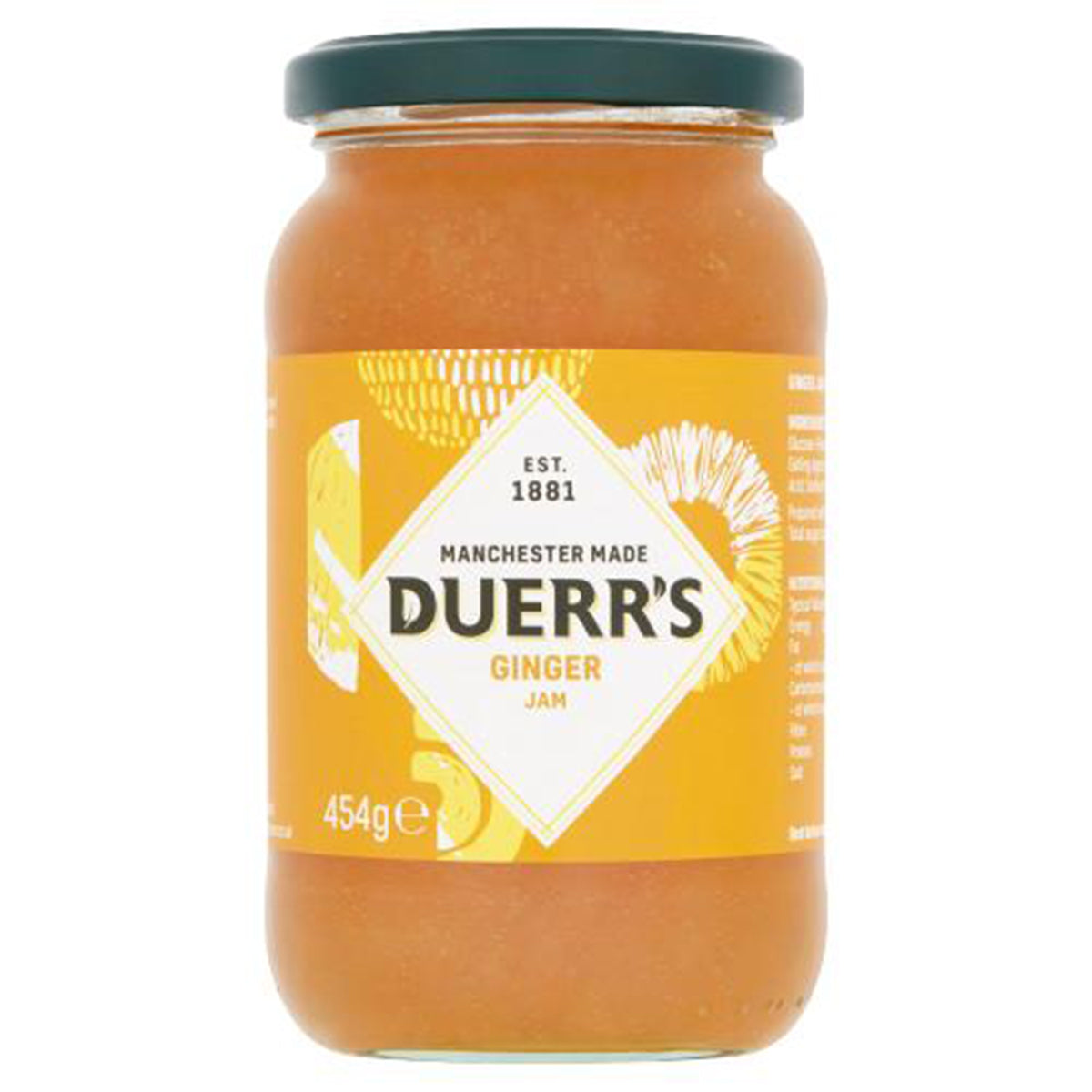 A jar of Duerrs - Ginger Jam - 454g on a white background.