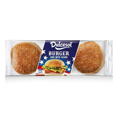 A 300g pack of Dulcesol - Burger Buns With Sasame, featuring three sesame-topped buns in clear packaging with Dulcesol branding and a burger image on the label.