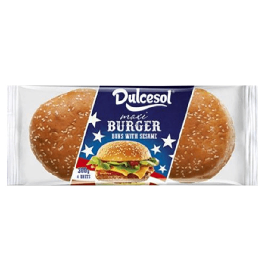 A 300g pack of Dulcesol Maxi Burger Buns with Sasame, featuring two sesame seed hamburger buns, is displayed against a white background.