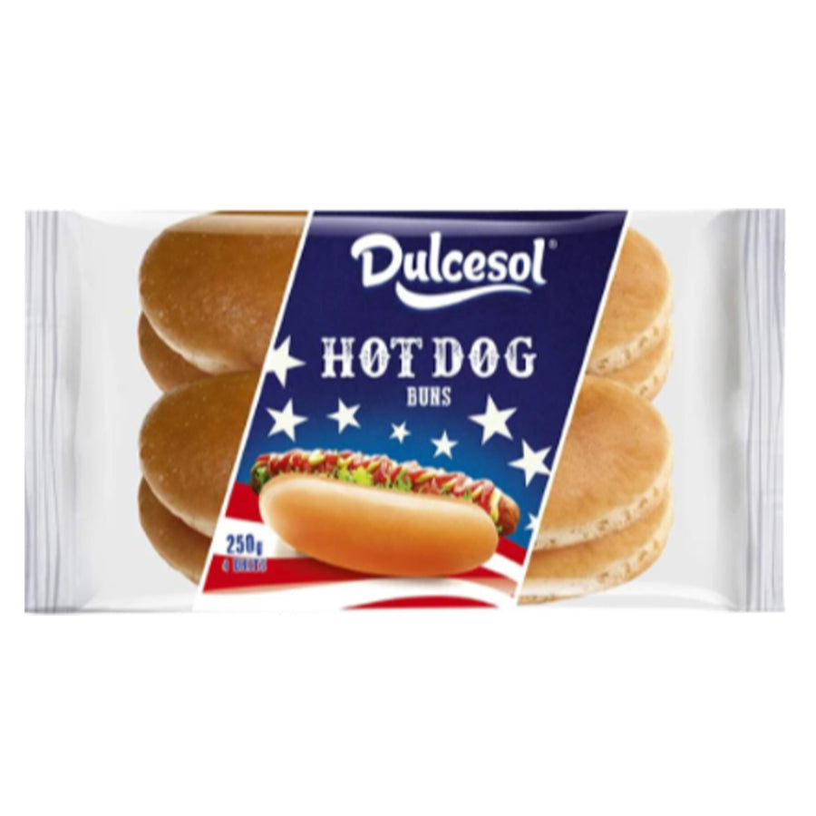A 250g package of Dulcesol Hot Dog Buns, branded Dulcesol, displays six buns and features a hot dog image on the front.