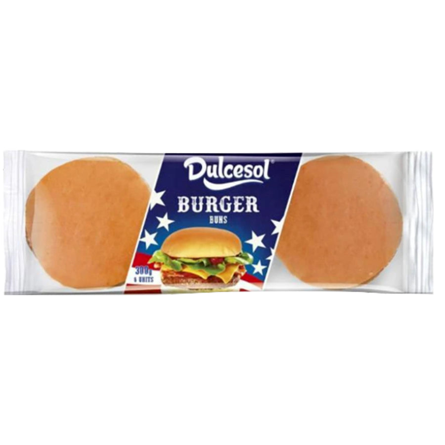 A 6-pack of Dulcesol Burger Buns featuring two visible buns through the packaging and a burger image on the wrapper.
