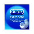 A blue box of Durex - Extra Safe Condoms - 3 Pack features the Durex logo, "extra lube" text, and a seashell image at the bottom right.