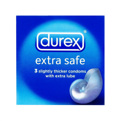 A blue box of Durex - Extra Safe Condoms - 3 Pack features the Durex logo, "extra lube" text, and a seashell image at the bottom right.