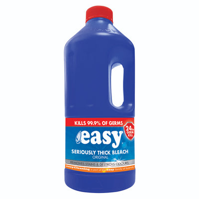 A 2L bottle of Easy Thick Bleach Original by Easy, featuring a red cap and label, kills 99.9% of germs and removes stains and odours.