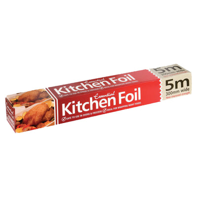 A rectangular box of Essential Kitchen Foil 300mm x 5m from Essential, featuring images of cooked food on the packaging.