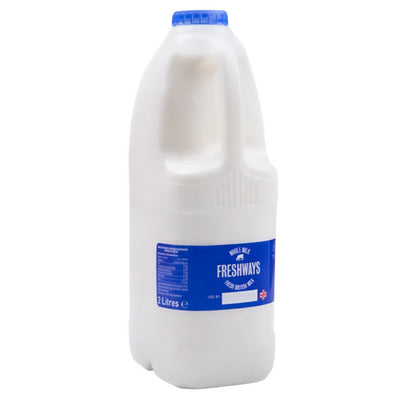 A 2L bottle of Freshways - Fresh Whole Milk by Freshways, featuring a blue screw cap and blue label, is displayed on a white background.