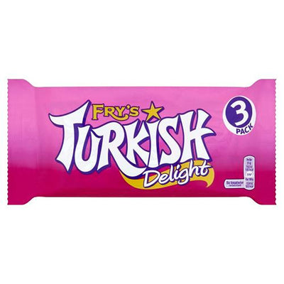 Fry's Turkish Delight Chocolate Bars (3 Pack, 153g) come in a pink wrapper with the Fry's logo and product name in bold white and yellow letters—perfect for satisfying sweet cravings or sharing with fans of classic chocolate bars.