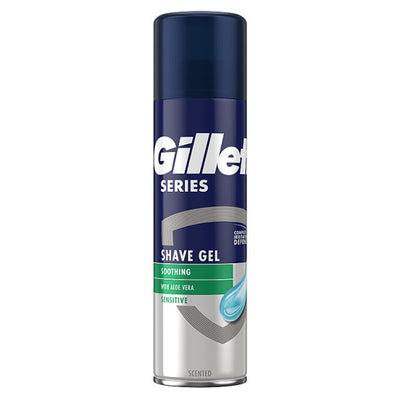 A 200ml can of Gillette Soothing Shave Gel with Aloe Vera, designed for sensitive skin and labeled as soothing and scented.