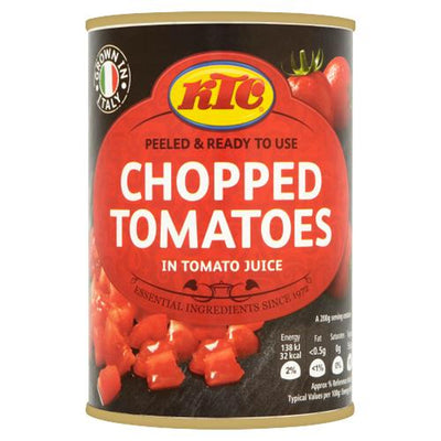 A 400g can of KTC Chopped Tomatoes in Tomato Sauce, featuring images of tomatoes and nutritional info on the label, makes it easy to add rich flavour to your recipes.