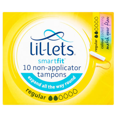 Lil-Lets Non-Applicator Regular Tampons come in a 10 pack with a yellow design and text highlighting their expandable fit and color-coded string.