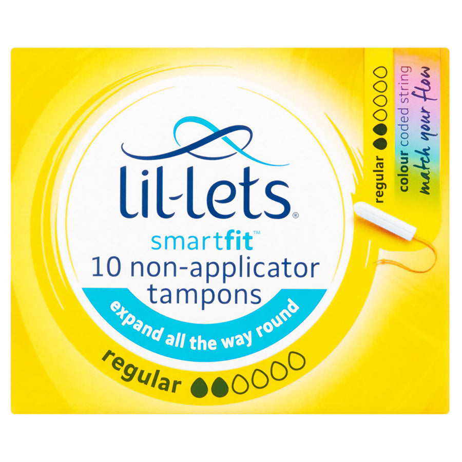 Lil-Lets Non-Applicator Regular Tampons come in a 10 pack with a yellow design and text highlighting their expandable fit and color-coded string.
