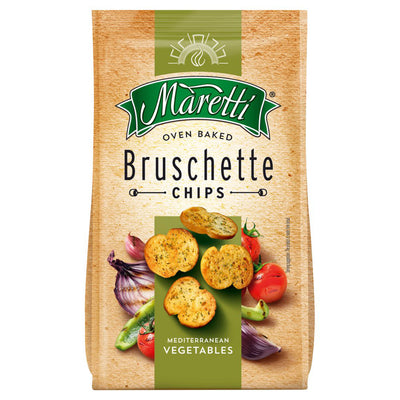 Maretti - Oven Baked Bruschette Chips Mediterranean Vegetables (70g) offers a tasty Mediterranean snack, with packaging displaying vegetables and bread chips for an appetizing look.