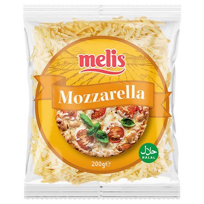 A 200g pack of Melis Grated Mozzarella Cheese featuring a pizza image and a green halal label on the front.