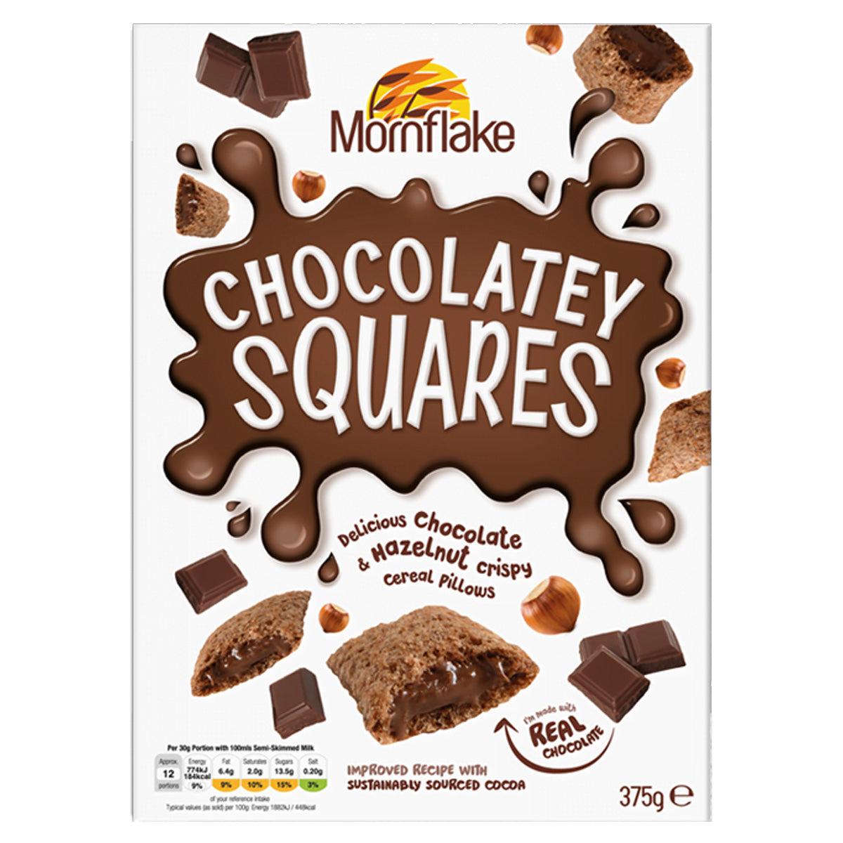 A box of Mornflakes - Chocolatey Squares - 375g.