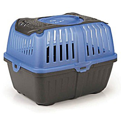 The Neyo Rodent Carrier (30 x 23 x 23) is a blue and black plastic pet carrier with ventilation slats and a secure front latch, ideal for safely traveling with your small pet.