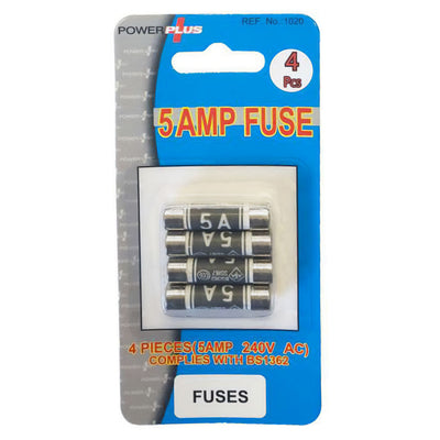 Power Plus 5Amp Fuses - 4 Pack for 240V AC, BS1362 compliant.