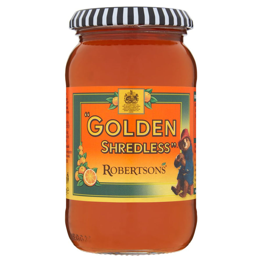 A 454g jar of Robertsons Golden Shredless marmalade, featuring a bright orange label and striped lid with Paddington Bear—ideal for smooth citrus spread lovers.
